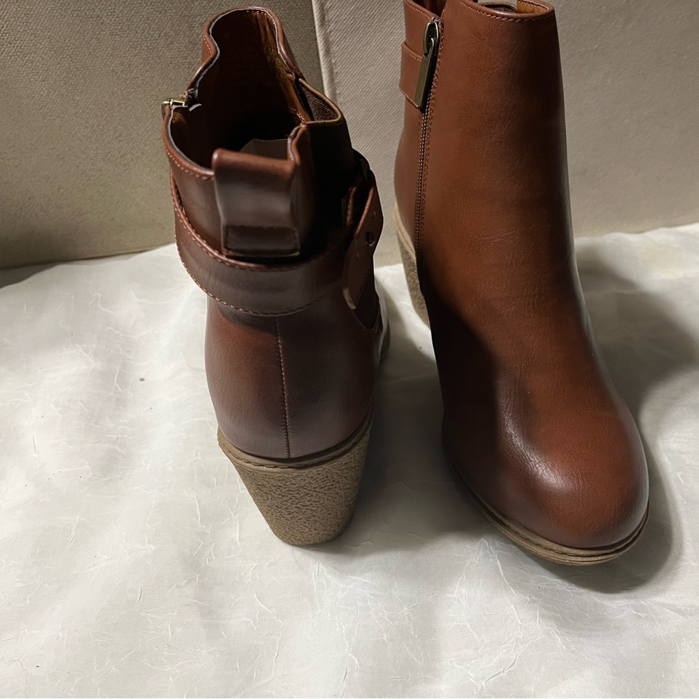 Brown 3inch wedge heel side zip boots -WIDE WIDTH